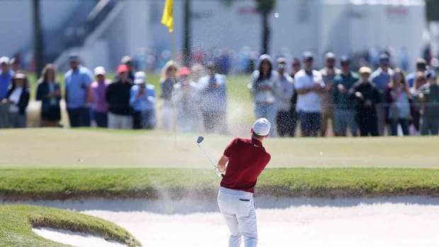Russell Henley plays a shot from a bunker during the 2020 Honda Classic at PGA National Resort and Spa Champion course in Palm Beach Gardens, Fla.